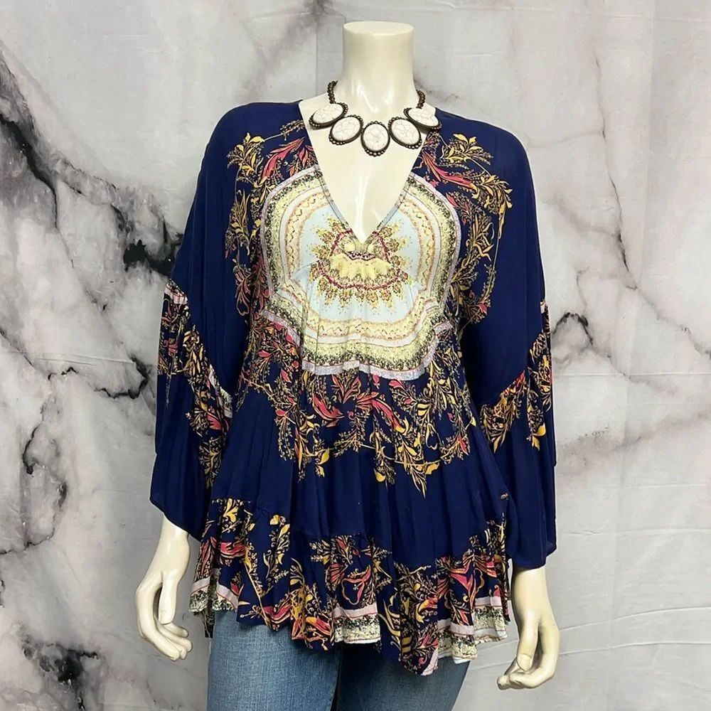 *Free people Navy beige pink tapestry blouse